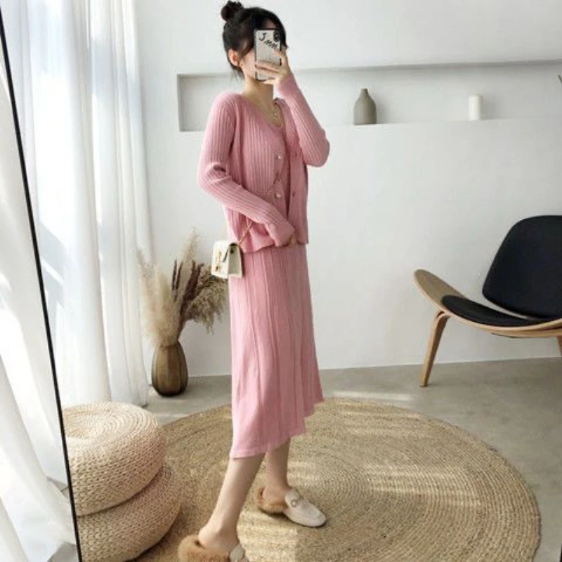 

Woman New Good Quality Winter Casual Long Sleeved Cardigan and Suspenders Sweater Dresses Ladies Two Piece Suits G454
