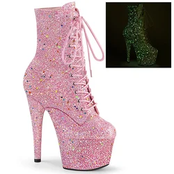 Classics Women Boots Mid Calf Luminous Sparkling Pink Glitter Steel Pole Dance Sexy Model Walking Show 17CM Stiletto Women Shoes