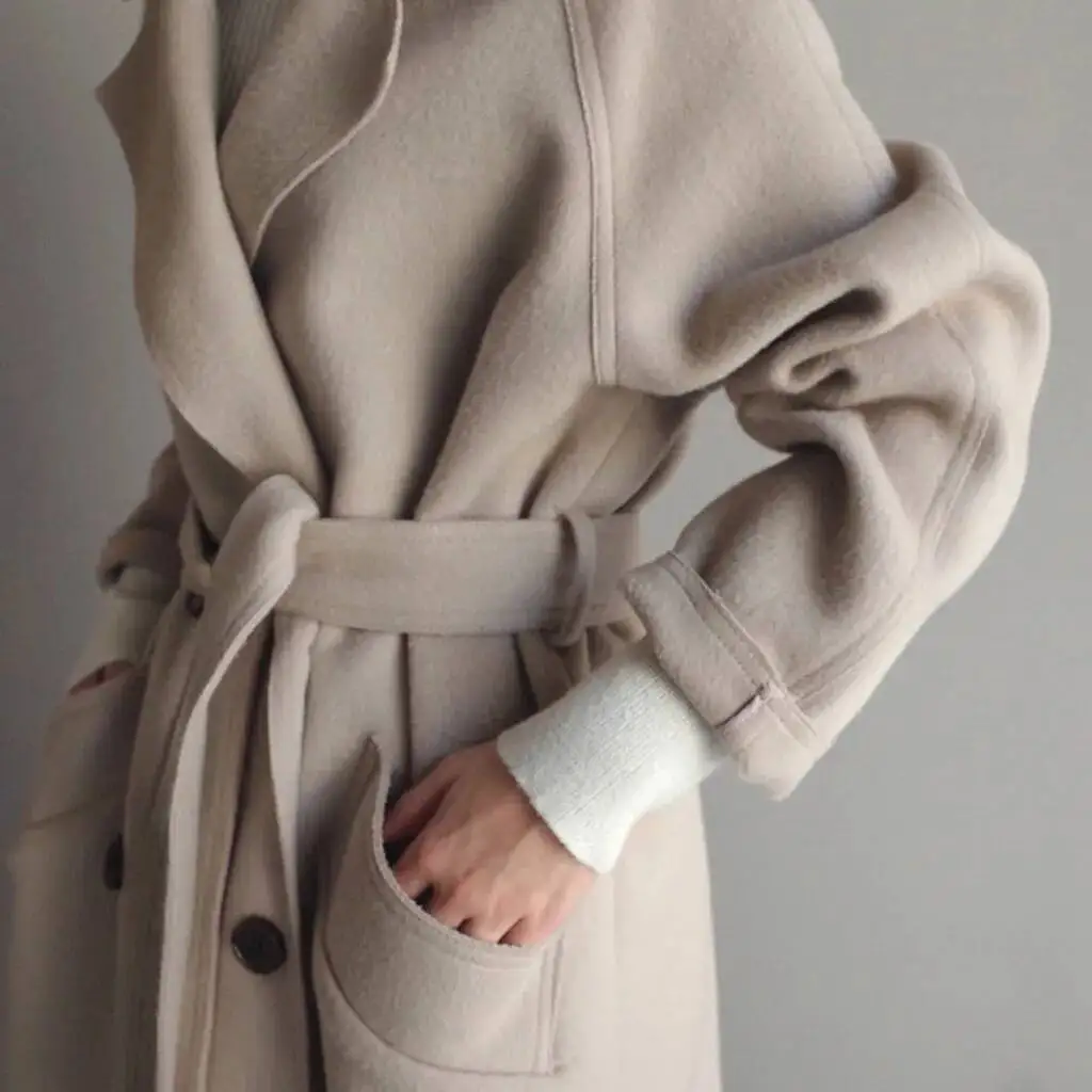 Winter Women's Womens Oversize Lapel Cashmere Blend Belt Trench Outwear Jacket Loose Style High-End Wool Coat