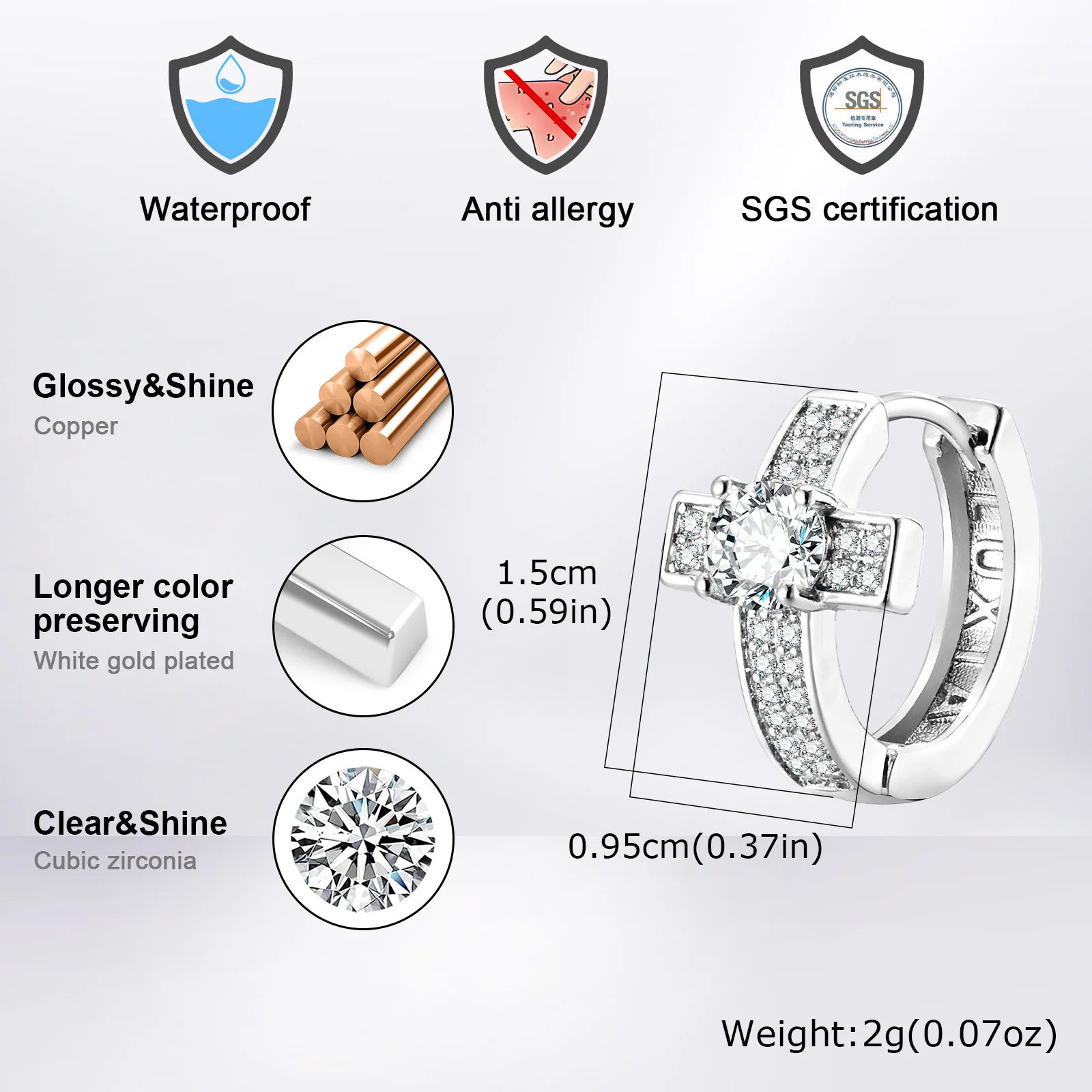 Vnox Herren Kreuz Huggie Hoop Ohrringe, Kupfer mit Zirkon-Einlage, mehrfarbiges Kreuz-Piercing-Schmuckstück, Geschenk für Männer, für den täglichen Gebrauch und Partys. – Detail 4