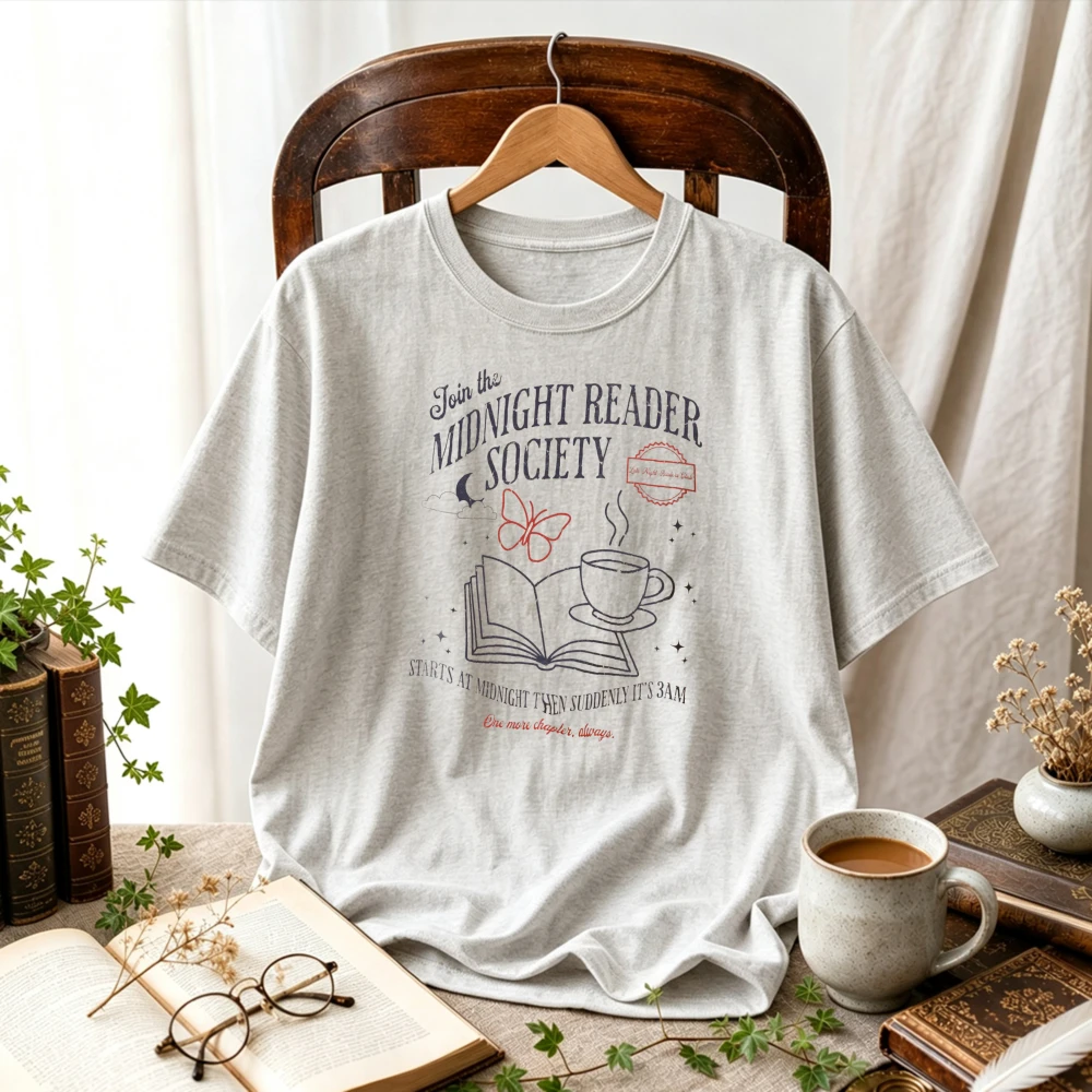 Women Midnight Reader Society Book Coffee Butterfly Graphic T-Shirt Book Lover Bookish  Tee Reading Fan Cottagecore Casual  Tops