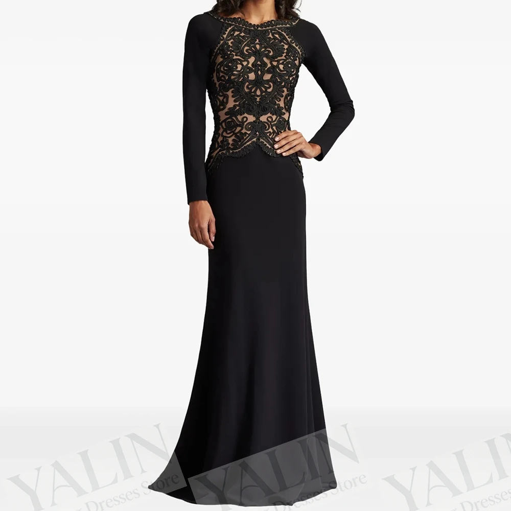 

Women's Mermaid Evening Dresses Floor-length Scoop-neck Full Sleeve Prom Gown Fashion Lace Simple Draped Casual Customized Gowns