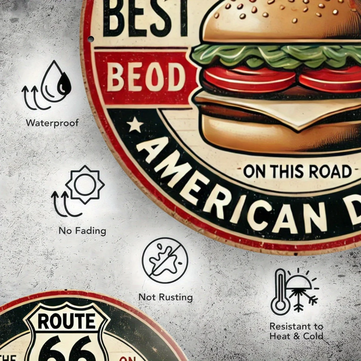 1pc Route 66 Vintage American Diner Metal Sign, 2D Flat Printed Iron Wall Decor, Retro Roadside Food Advertisement Plaque