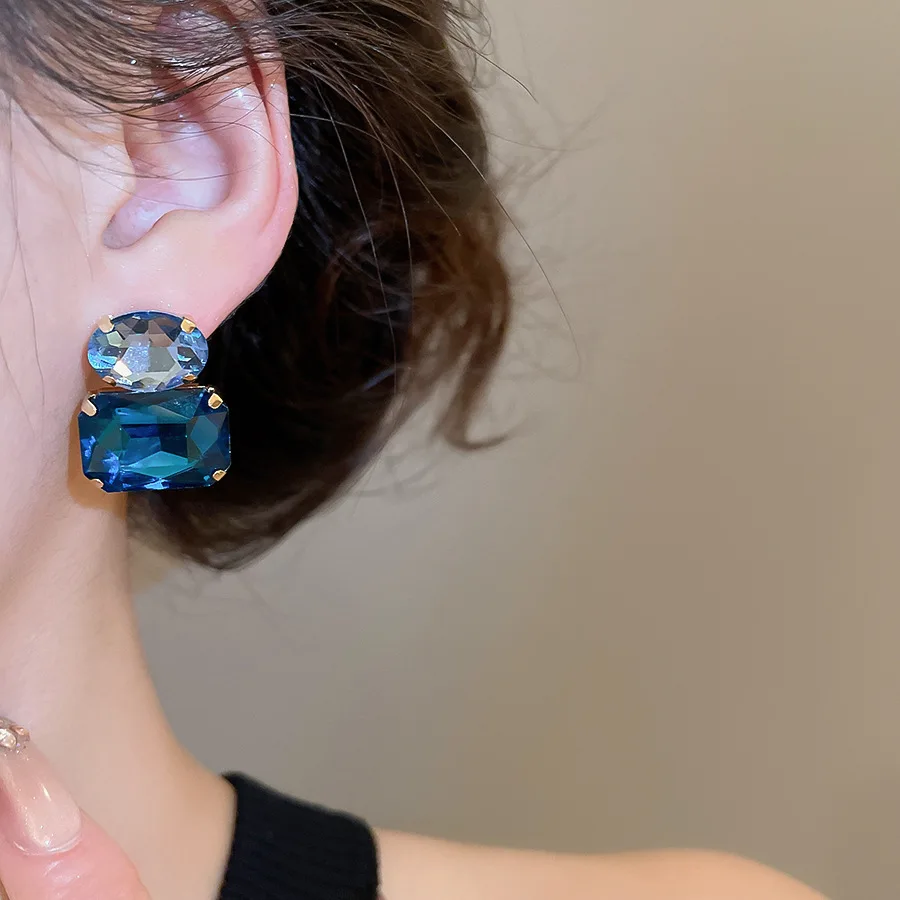 Neue Vintage Blaue Kaffee Quadratische Ovale Strass-Ohrstecker für Damen, Glänzende Kubische Geometrische Ohrstecker für Alltag und Festlichkeiten, Bijoux – Detail 8