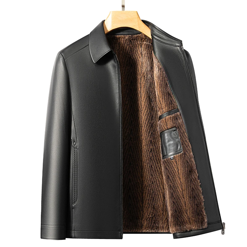 

New Fashion Men's Jacket Warm Winter Leather Jacket for Men with Golden Mink Fur Lining Men Coat, Big Sizes M-5XL!