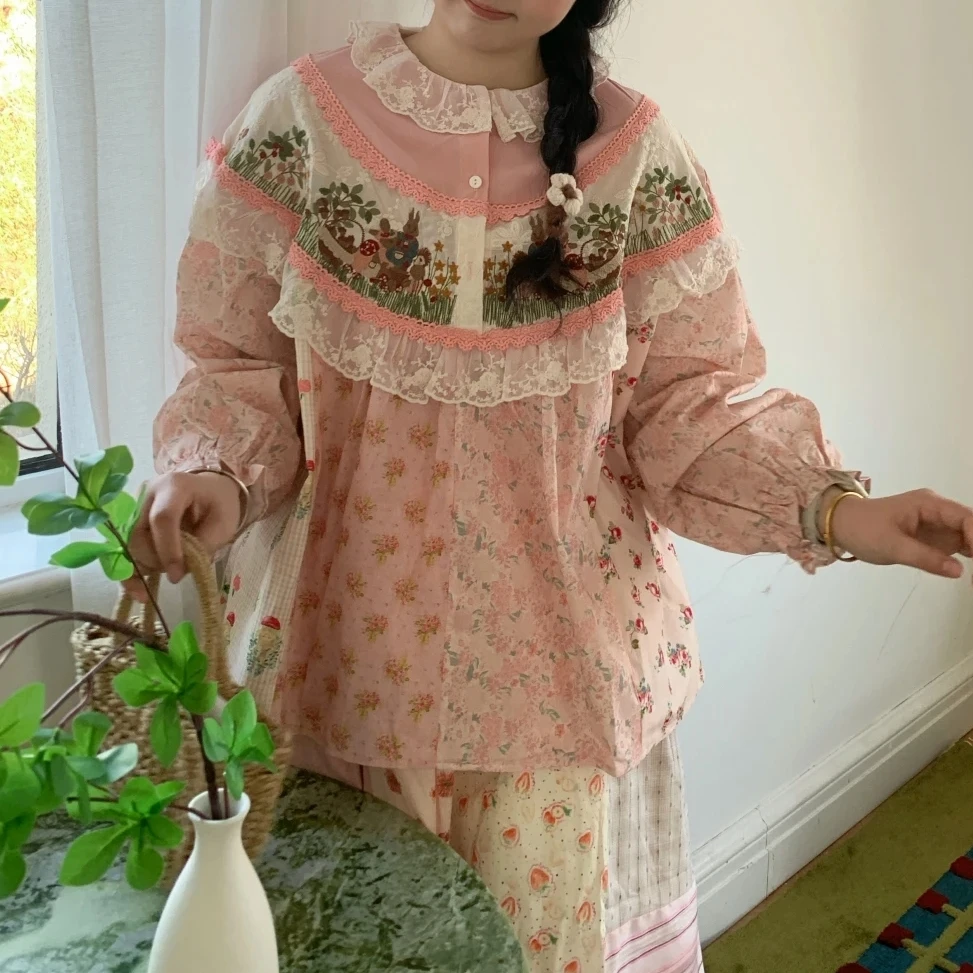 Retro Cotton Patchwork Lace Cottagecore Floral Embroidery Baby-doll Blouse Female Vintage Goblincore Lolita Sweet Shirt Tops