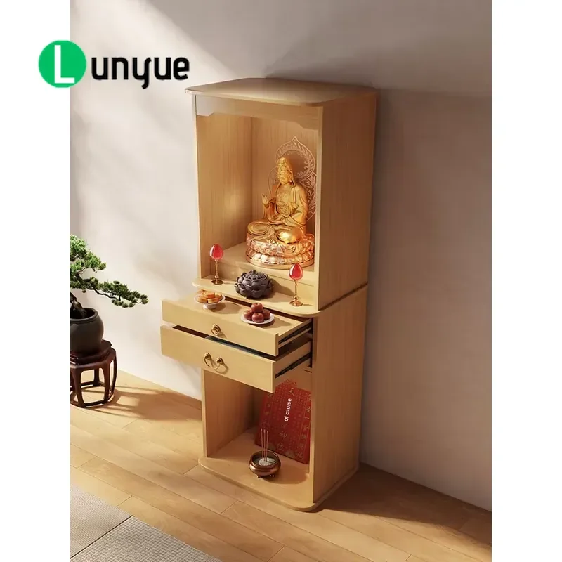 Modern Solid Wood Buddhist Altar Wall Mounted Shrine Cabinet for Guanyin Buddha Statue Incense Burner Home Worship Furniture