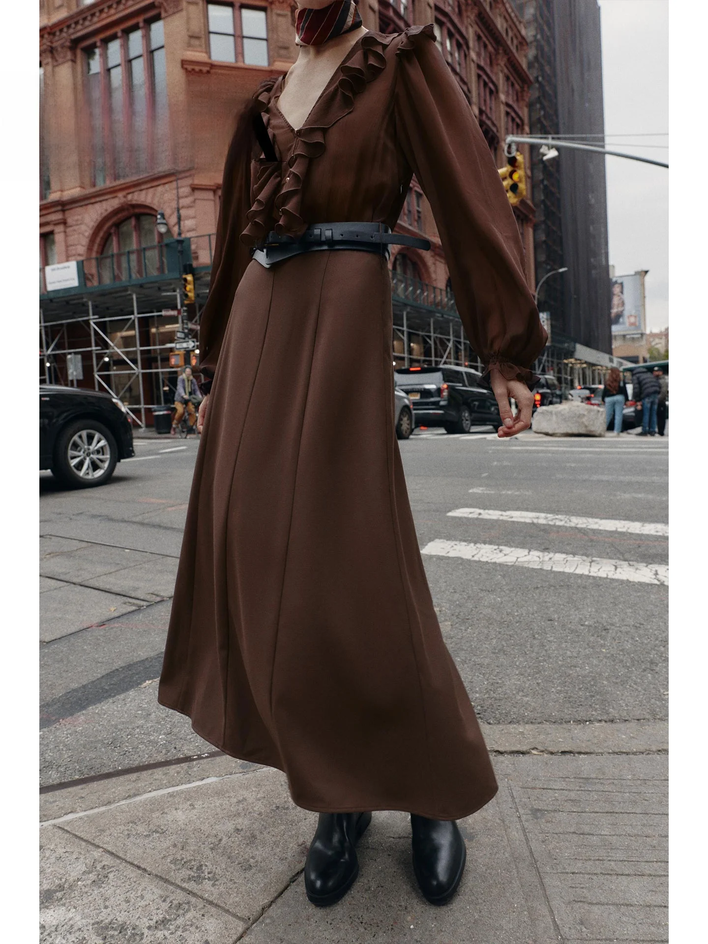 Ele Long Sve V-Ne Midi Dr with Belt Splicing Casual Sle A-Line Skirt for Ladies Autumn Winter New Arrival