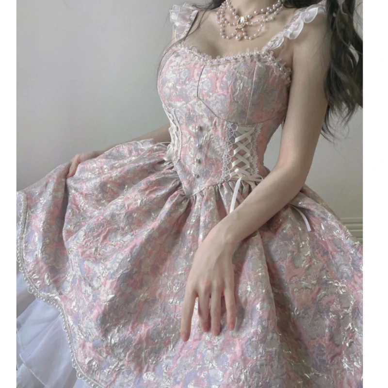 Victorian Vintage คอสเพลย์ Lolita Sweet Elegant Lace Ruffles Pearl Slim Bandage ชุดเจ้าหญิงหญิงน่ารักชุดมินิปาร์ตี้