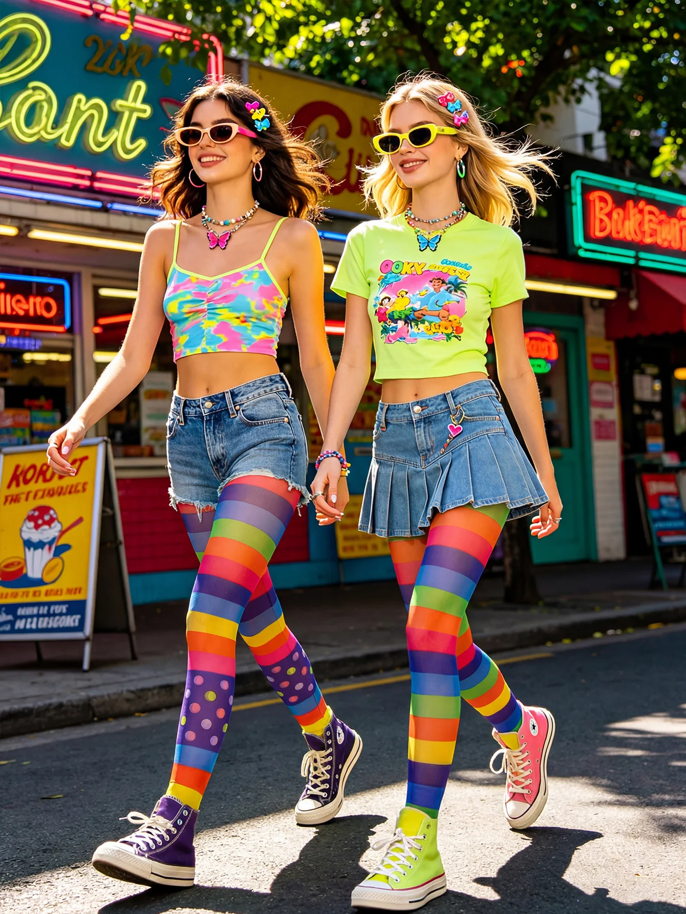 2 Stück Neu Eingetroffene Damen Y2K Regenbogen Gestreifte Transparente Strumpfhosen Bunte Gepunktete Strumpfhosen Modische Strümpfe