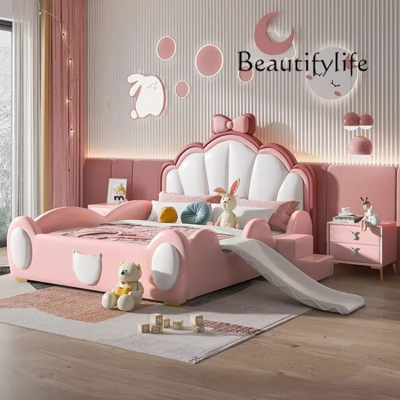X36 Children's Bed Girl Princess Bed With Guardrail Slide Solid Wood Single Dream Girl Creative Pink Girl Bed