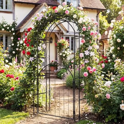 84'' Garden Arbor with Gate, Heavy-Duty Metal Arch Trellis for Climbing Plants Vines Roses, Wedding Archway for