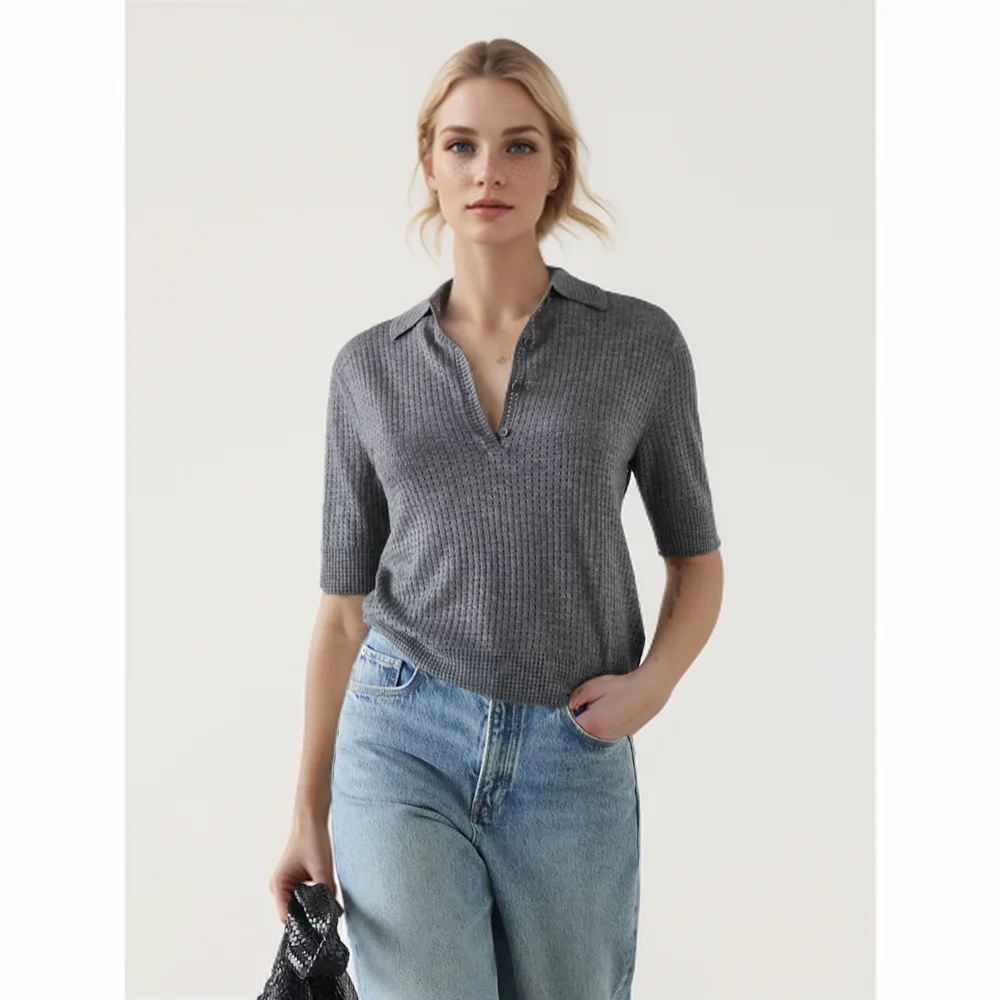 

Cos Lris Women's Wear 2024 Women's Grey Commuter style hollow-out Polo neck knit T-shirt 05621521802