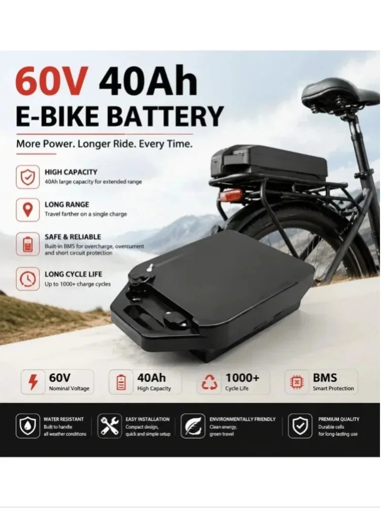 60-V-Lithium-Akku mit 40 Ah für einen 2000-W-Hochleistungsmotor, passend für faltbare Citycoco-Elektro-Scooter und Elektromotorräder im Harley-Stil, inklusive Ladegerät.