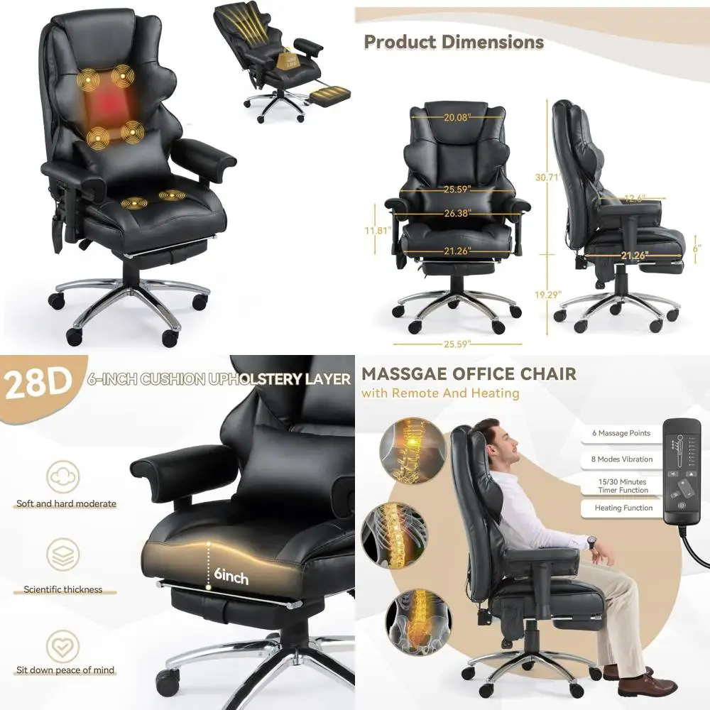 كرسي مكتب تنفيذي مريح عالي الظهر من جلد البولي يوريثان مع تدليك 6 نقاط وتدفئة ودعم قطني للعمل المريح Env