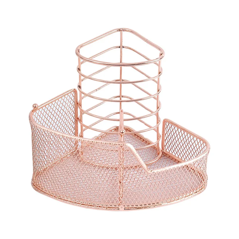 Exquisite Rose Gold Mesh Pen Holder Triangle-shaped Metal Stationery Storage Holder 3 Compartment for Office Home School