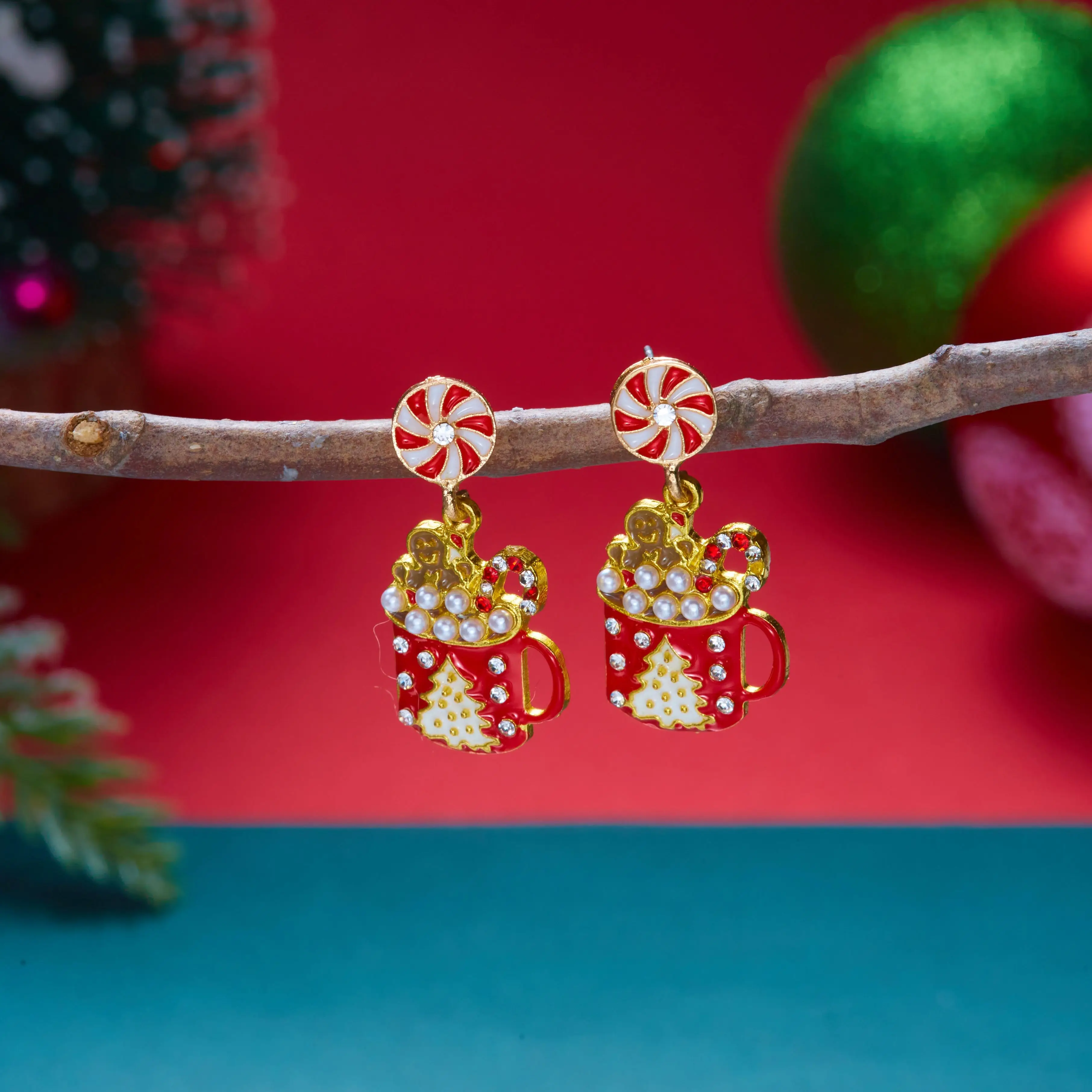 Christmas Red Enamel Mug Earrings For Women Inlaid Zircon Imitation Pearl Xmas Tree Candy Cane Gingerbread Man Earrings Jewelry