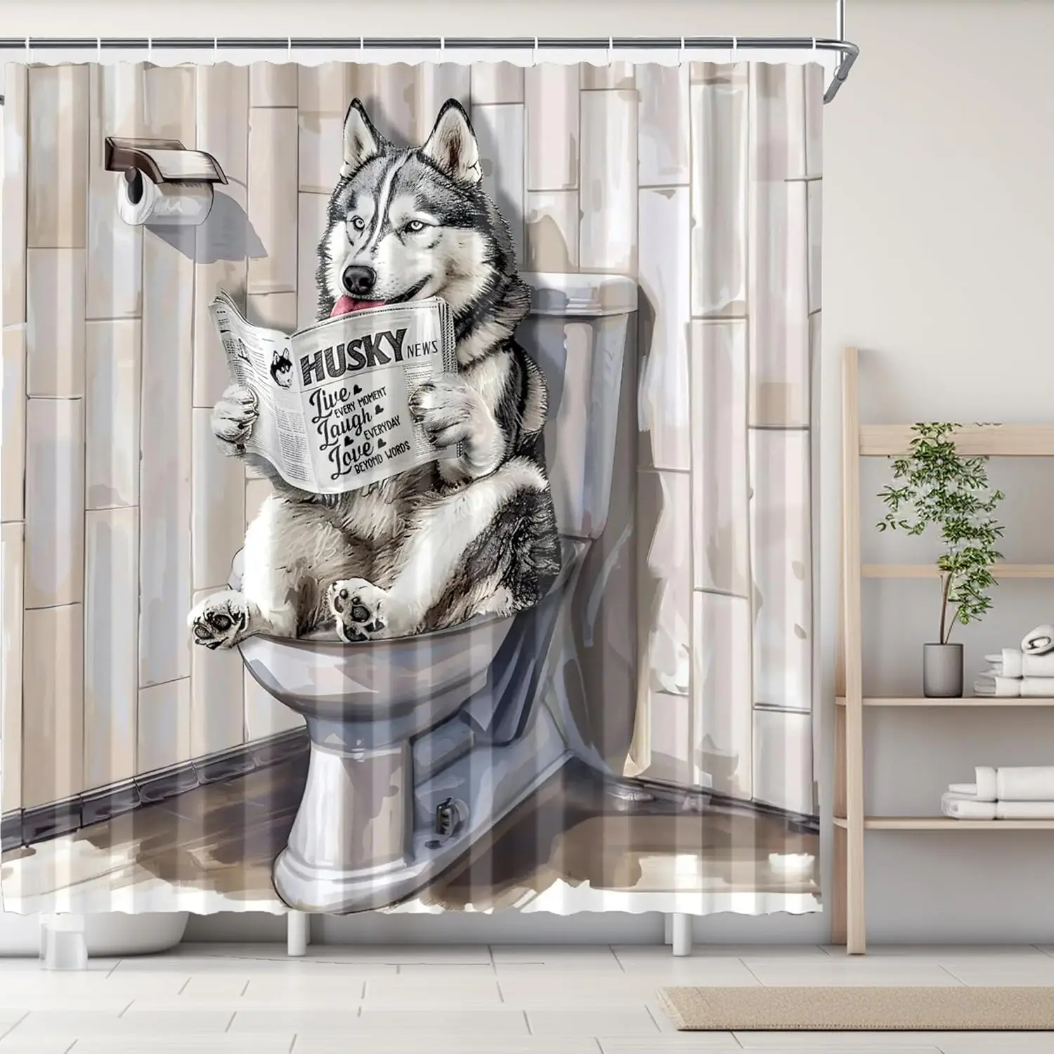 Funny Husky Shower Curtain Humor Husky Animal Sitting on Toilet Reading Newspaper Shower Curtains  Shower Curtain for Bathroom