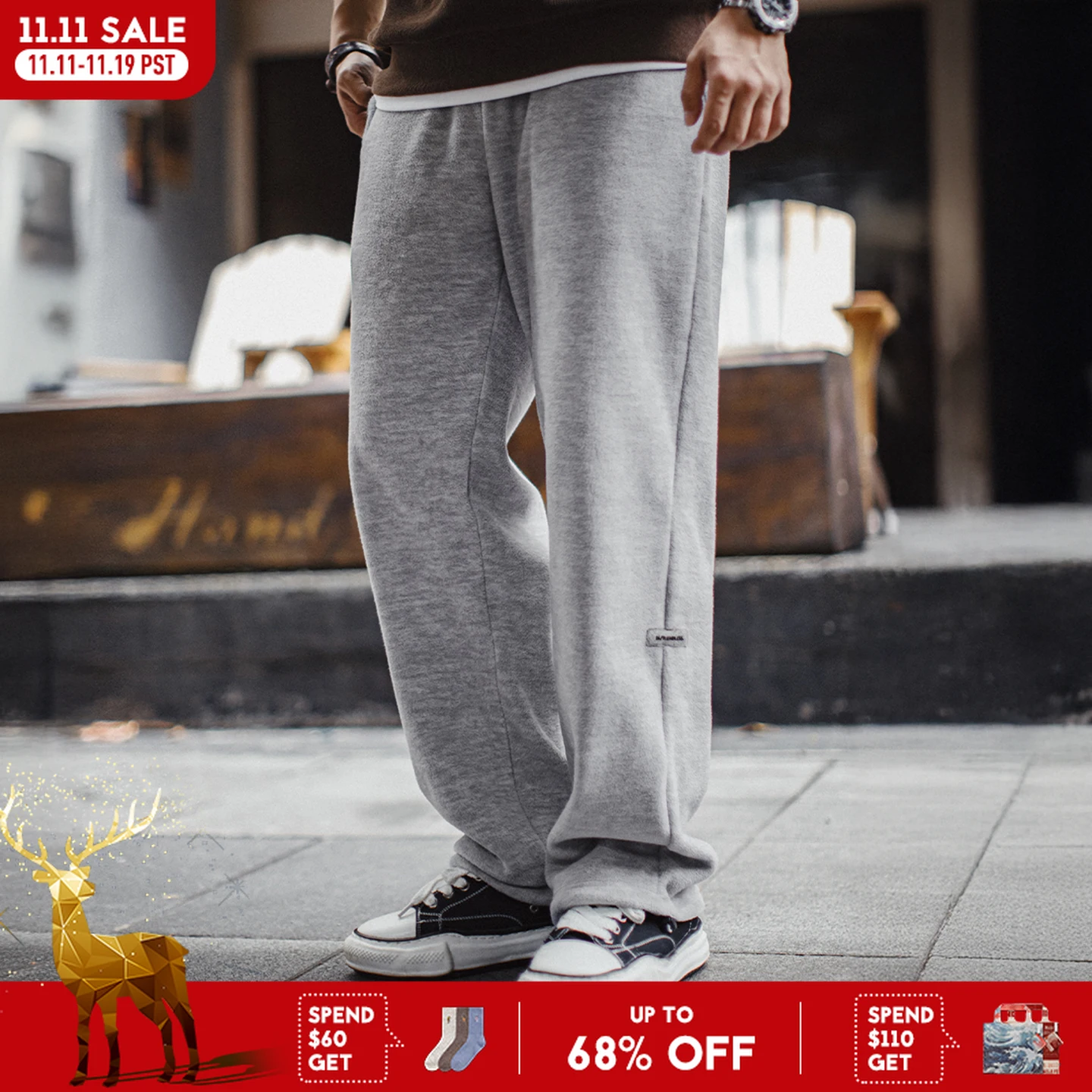 

Maden Men's Gray Brushed Fleece Sweatpants Lined Straight Leg Casual Pants Elastic Waist Cuffed Warm Trousers for Autumn Winter