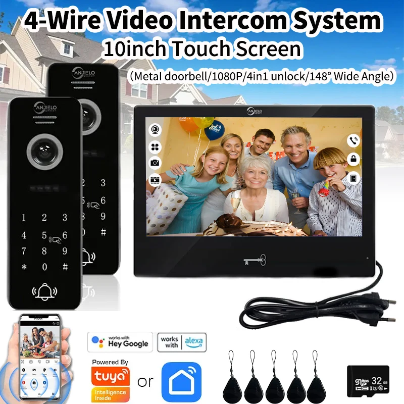 투야 스마트 비디오 초인종 10인치 터치 모니터 1080P 비디오폰 초인종 가정용 아파트 도어락 잠금 해제 인터콤 시스템