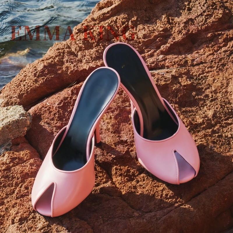 Women Peep Toe Mules,Soft PU Leather Slip On Stiletto High Heels Slippers,Summer Stylish Dress Heeled Slippers for Evening Party