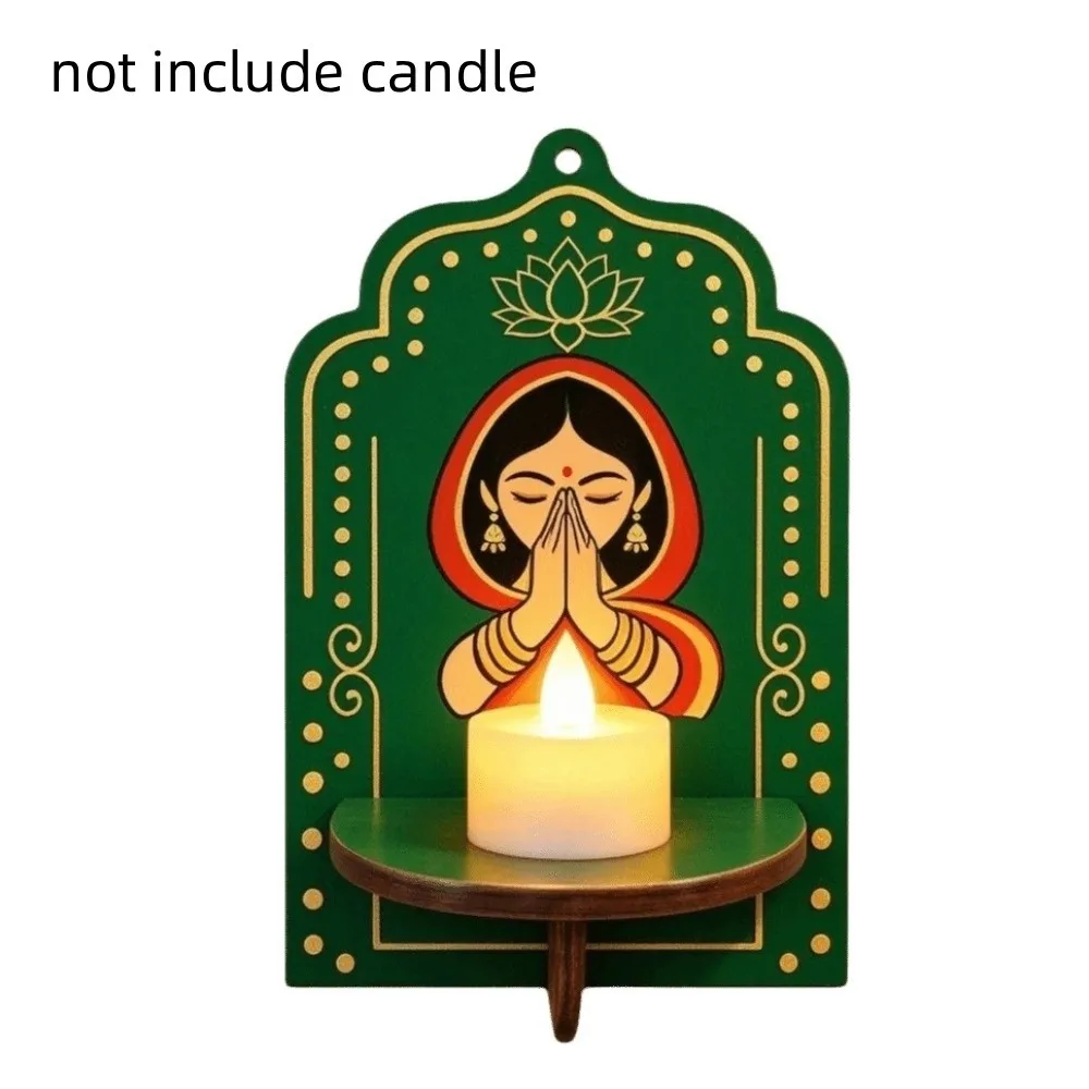 Home Decoration Wooden Wall Mounted Shelf India Pray Girl 2D Printed Wall Display Stand Lotus Flower Wall Storage Rack Diwali