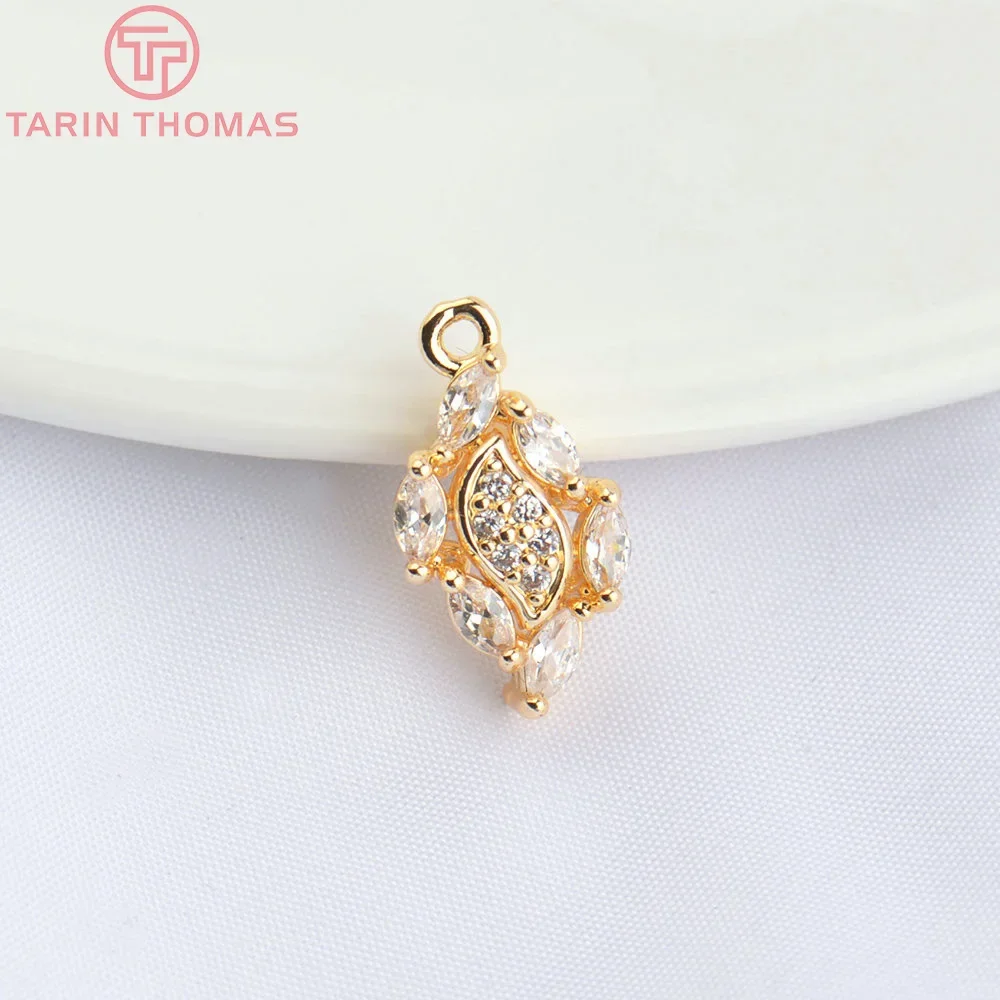 (4857) 6PCS 9x15MM 24K Champagne Gold Color Brass with Zircon Leaf Shape Pendants High Quality Jewelry Making Findings Wholesale