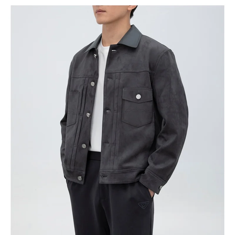 

Высококачественная эластичная замшевая ткань, осенняя деловая повседневная мужская повседневная куртка на пуговицах с короткими рукавами, пальто