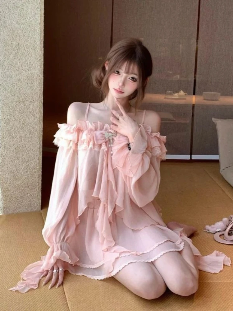 French Sweet 2 Piece Set Women Off Shoulder Ruffle Lace Bow Spaghetti Strap Long Sleeve Top High Waist Mini Skirt Slim Fit Elega