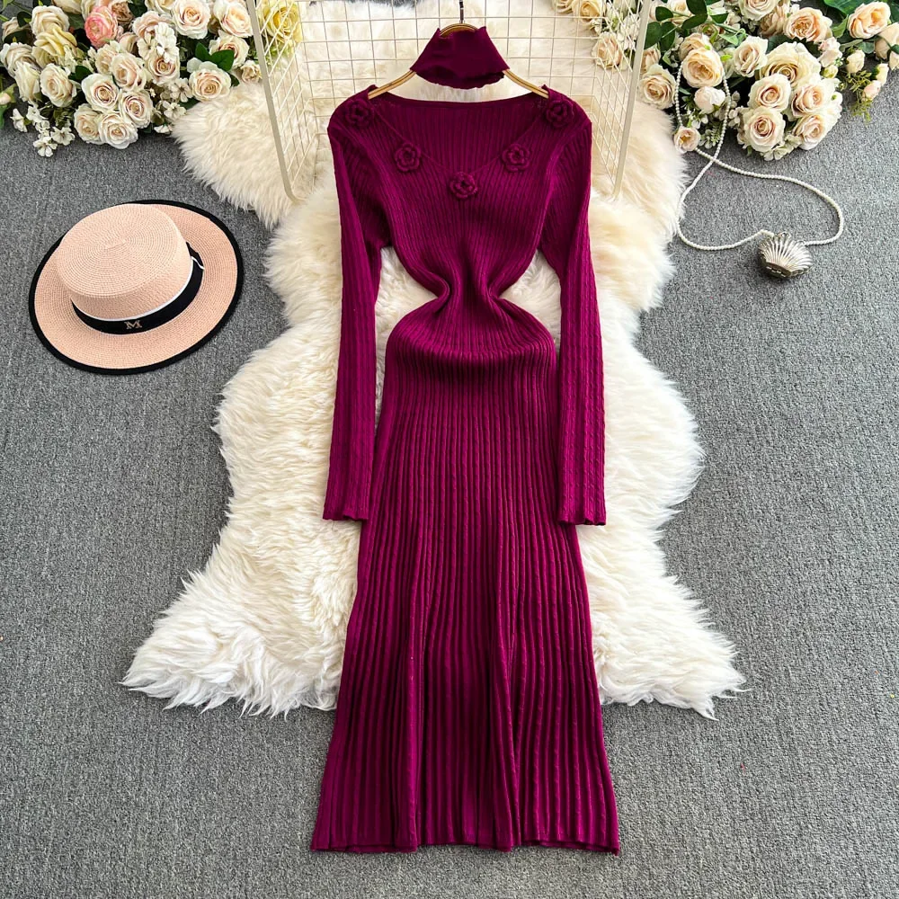 Elegant V-neck Vintage Long Sleeves Chic 3D Flower Slim Knitted Dresses French Evening Women High Street Autumn Winter Clothing