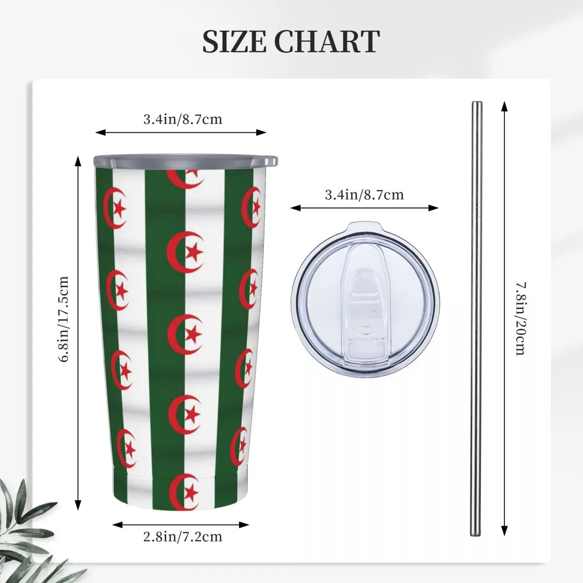 Algeria Official Flag Of Algeria Stainless Steel Tumbler Vacuum Insulated Mugs Thermal Cold Bottle Straw With Lid 20oz