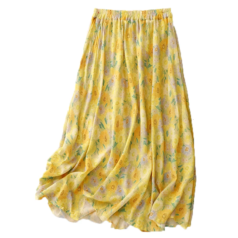 Women's Summer Floral Printed Yellow Midi Skirt Elastic High Waist Vintage Cotton Linen A-line Skirt Elegant Ladies