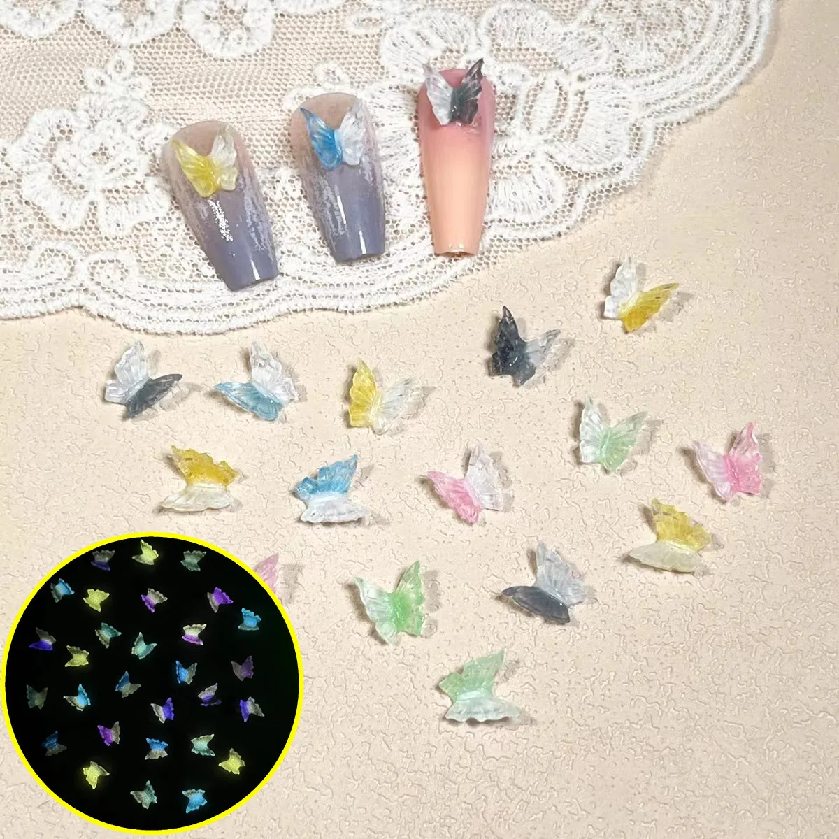 50pcs miniso luminous butterfly cartoon nail charms for diy nail making cute mini resin flatback nail art decoreation