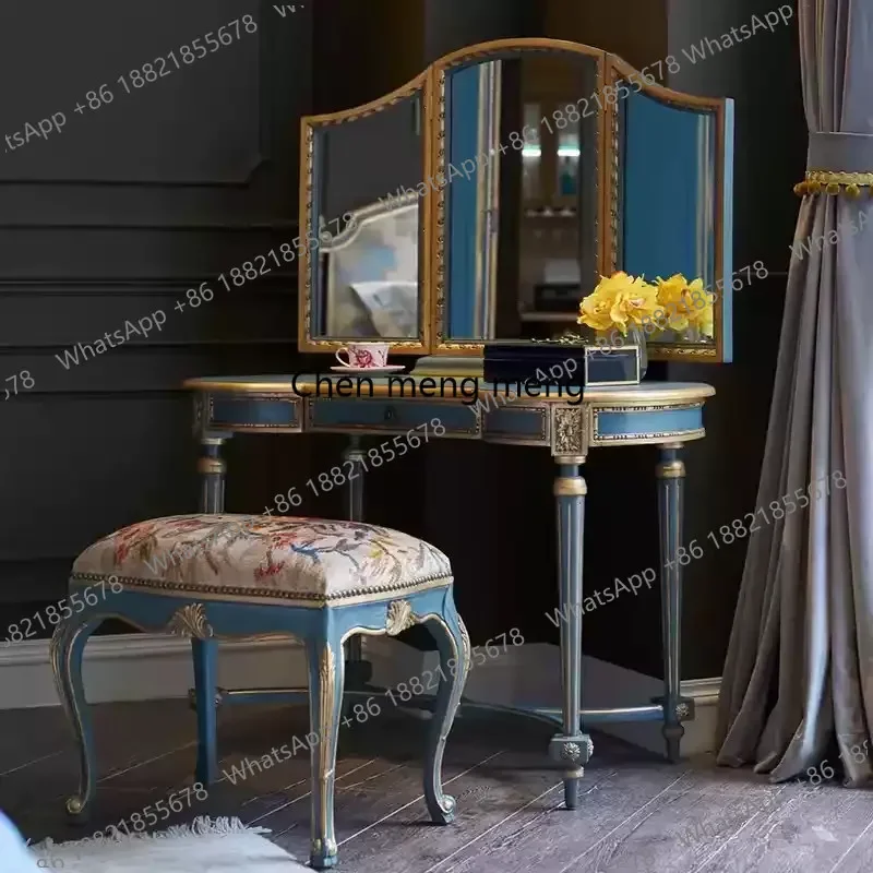 

Новинка: ретро-туалетный столик в стиле французского люкса, высококачественный, окрашенный, с роскошным стулом для макияжа, неоклассический, из массива дерева, для спальни.