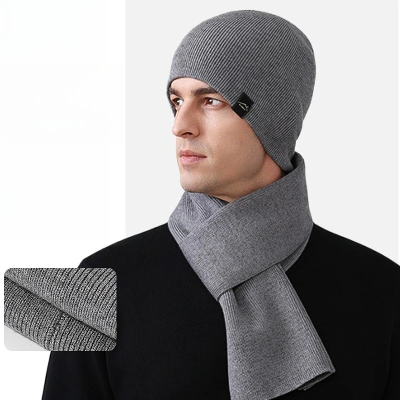 European and American Winter Men's Knitted Hat Scarf Ear Protection Warm Kit High Elastic Outdoor Leisure Sports Wool Hat