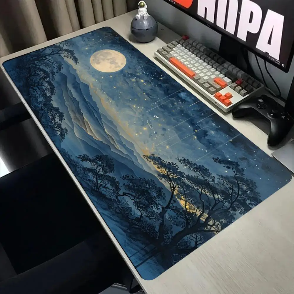 Large  Mouse Pad Desk Mat Keyboard Pad Blue Tone Mountain Forest Full Moon Starry Night Chinese Landscape Print Non Slip Rubber