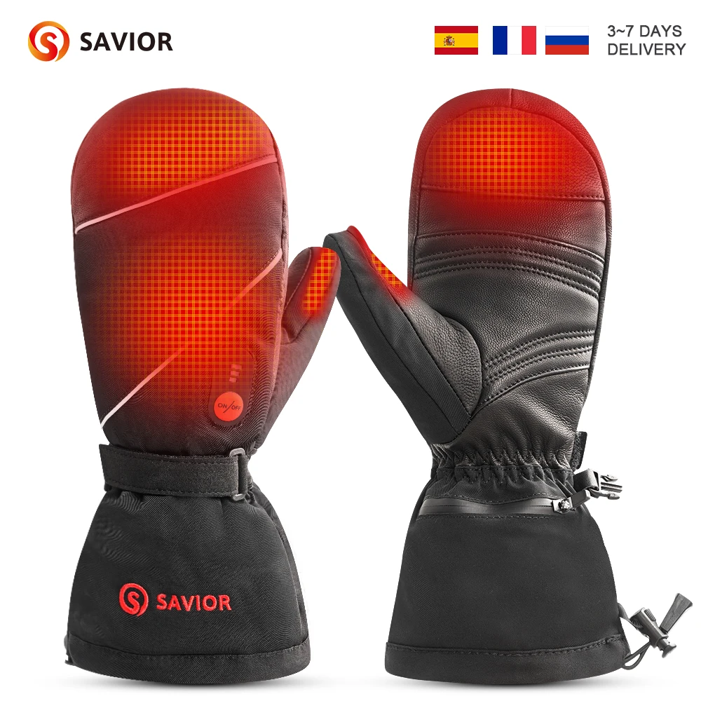 Savior Heated Gloves Battery Heat Motorcycle Gloves Goat-skin Leather 3 Gears Wamer Control Waterproof Electric Heated Mittens