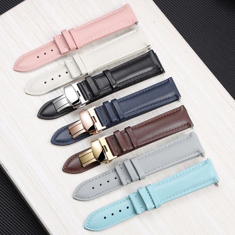 Smooth Genuine Calfskin Leather Watchband 14/16/18/20/22mm  Straps with Solid Automatic Butterfly Buckle Business Watch Band