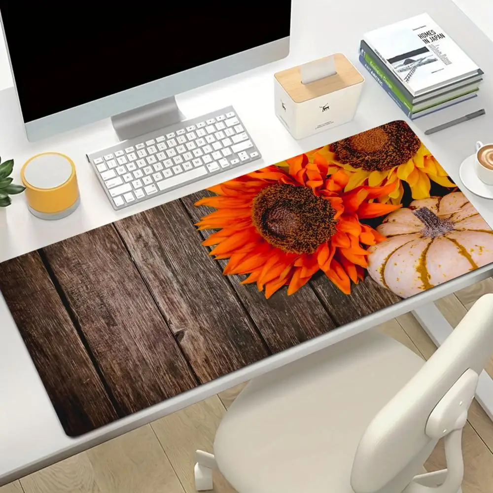 Autumn Sunflower Pumpkin Wood Grain Design Esports Gaming Mouse Pad Natural Rubber Non-Slip Large Size For Laptop Desktop