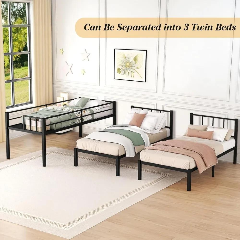 Beliche Twin Over Twin & Twin para 3, beliche triplo para 3 com guardrail, escada e plataforma de cama superior, para crianças, adolescentes