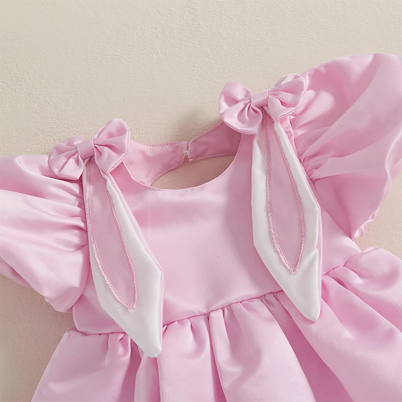 Tregren 1-5Y Kids Girls Easter Dress Cute Puff Sleeve Crew Neck Bow Bunny Ears Toddler Infant Summer A-Line Princess Dress