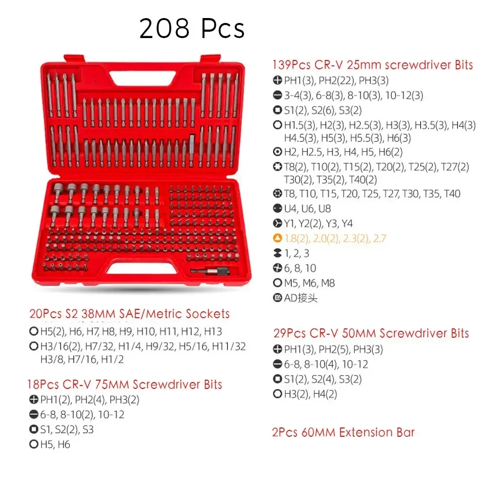 Krachtige S2/Cr-V Steel SAE Metric Torx Screwdriver Set 208/ 214Pcs Security Bit Set Phillips Slotted Hex Square