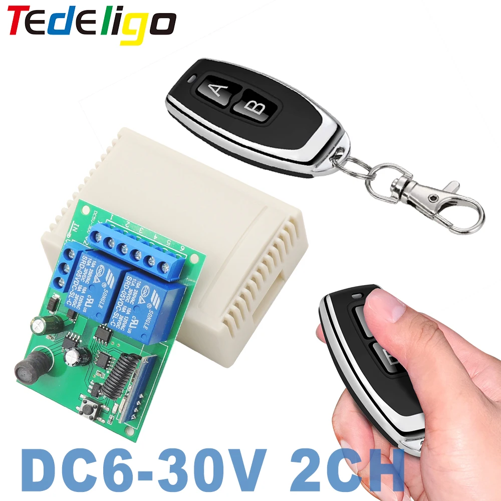 

433Mhz 12V 24V Remote Control Switch for Light,Door, Garage Universal Remote DC 6V ~ 30V 2CH 10A Relay Receiver and Controller