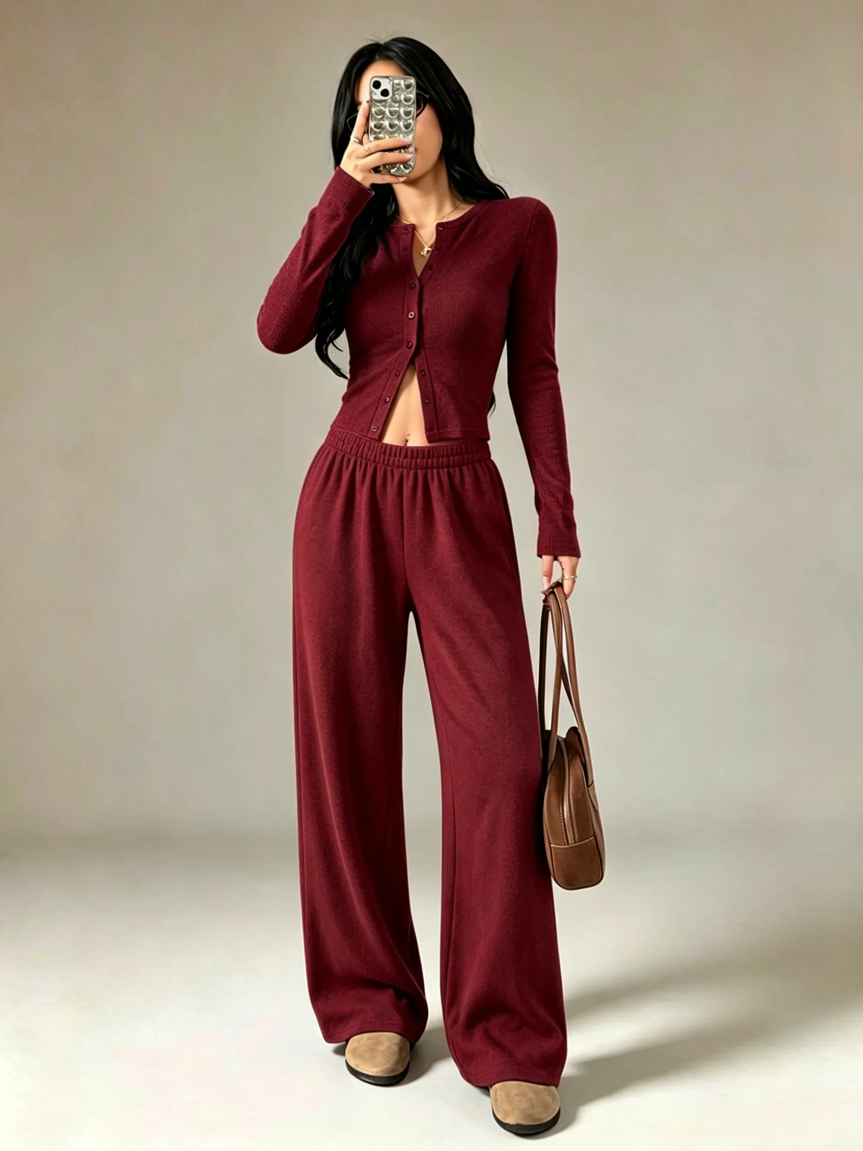 Women 2 Piece Outfit Ribbed Button Long Sleeve Crop Top & Elastic Waist Wide Leg Pants Set Casual Solid Loungewear Tracksuit