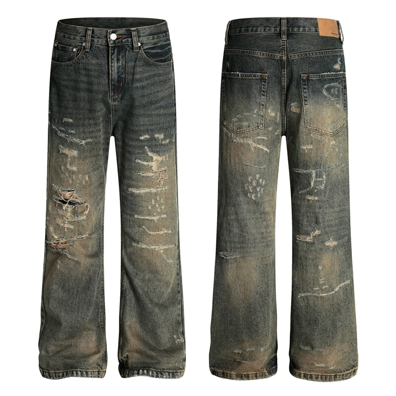 

2026 весна осень новые мужские тяжелые шикарные рваные джинсы в стиле панк с рваными джинсами, трендовая уличная одежда, свободные прямые джинсовые брюки