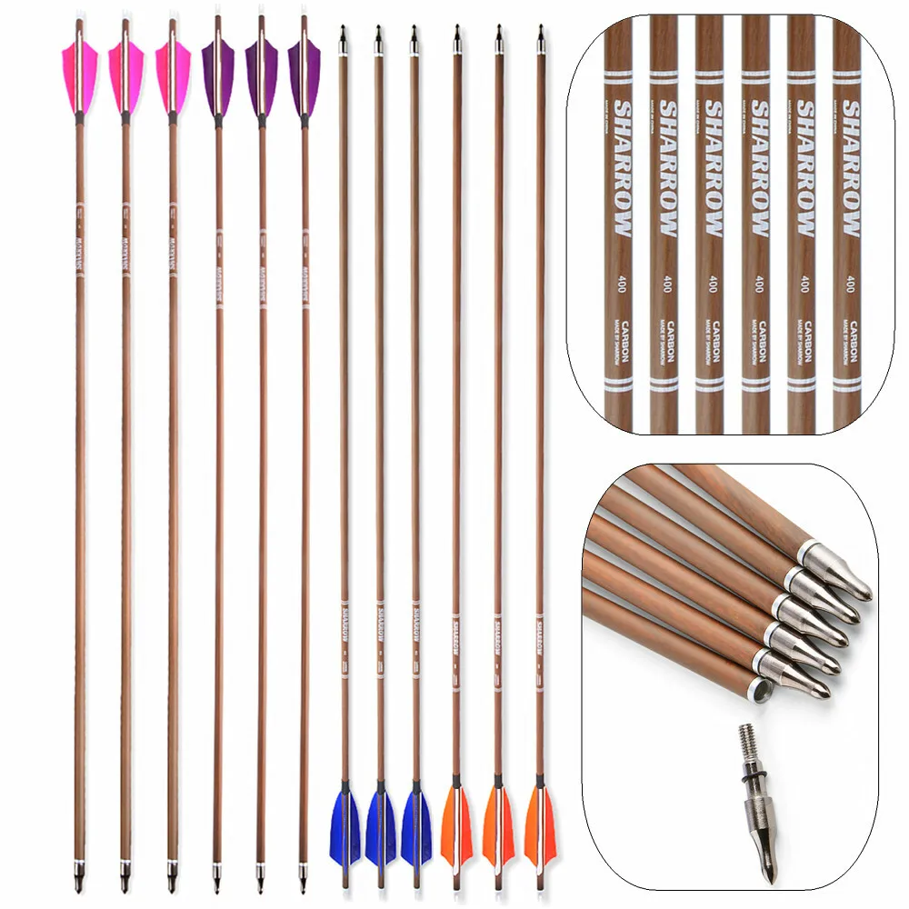 

12 шт., стрела из чистого углерода, ID 6,2 мм, составной изогнутый лук и стрелы, охотничий лук для стрельбы из лука, 100 г, очки, 4 дюйма, перья индейки