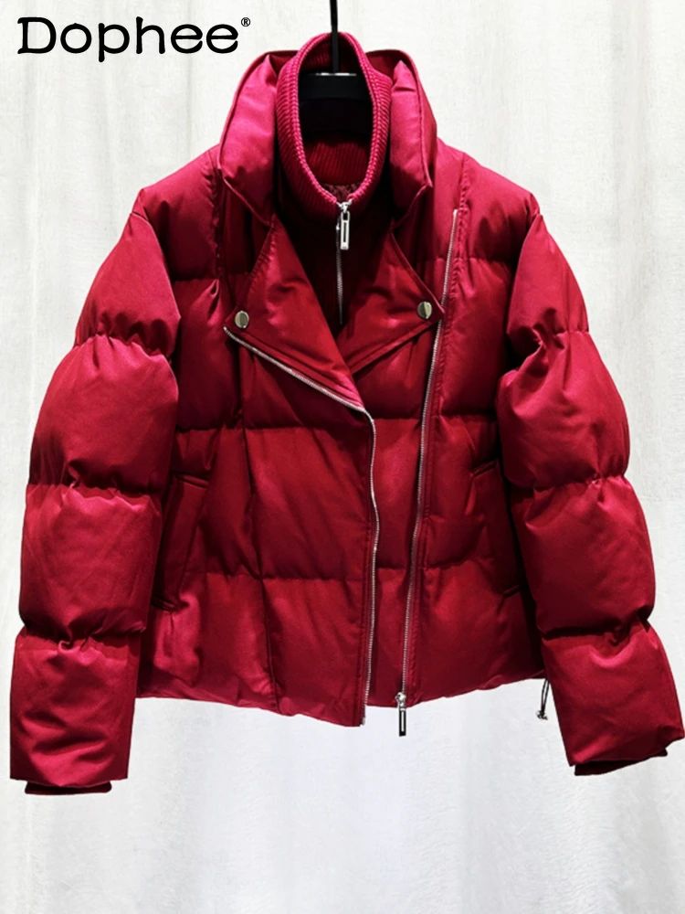 

2024 Winter New Christmas Red Thickening Cotton Jackets Men's Trendy Splicing Faux Two Lapel Locomotive Cotton Coat Bread Jacket