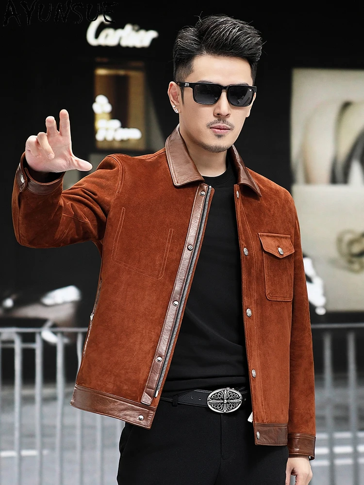 AYUNSUE 2025 Real Goatskin Suede Jacket Man Leather Coat Light Luxury Genuine Leather Jackets Thin Short Motorcycle Leather Coat