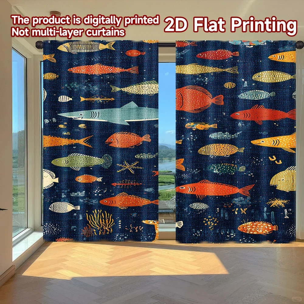 

2D flat printing 2pcs Drapes Colorful Ocean Fish Digital Printed Polyester Drapes Family Party Decoration Use for Booths Studio