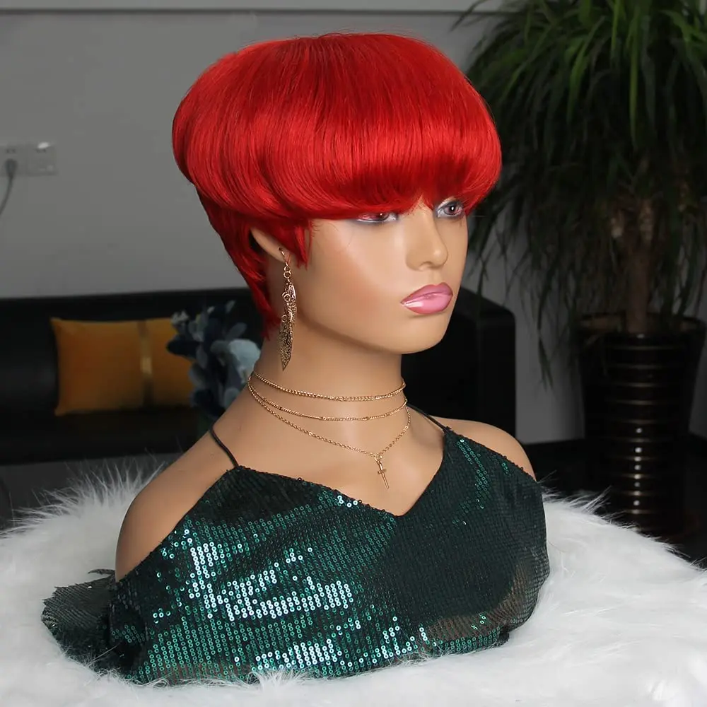 

Красный цвет 150% плотность машинного производства парики для женщин 6 дюймов пикси Реми короткий прямой парик из человеческих волос